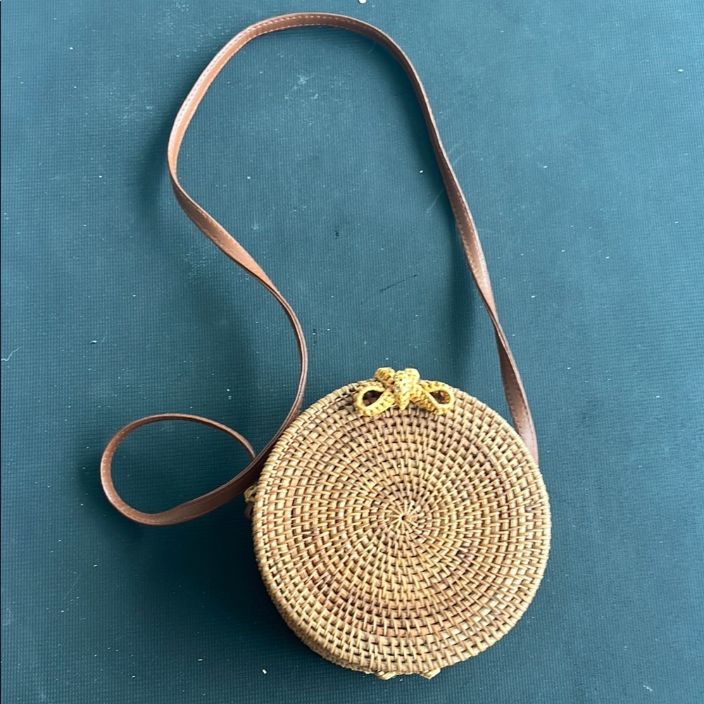 Round Woven Tan Crossbody Bag